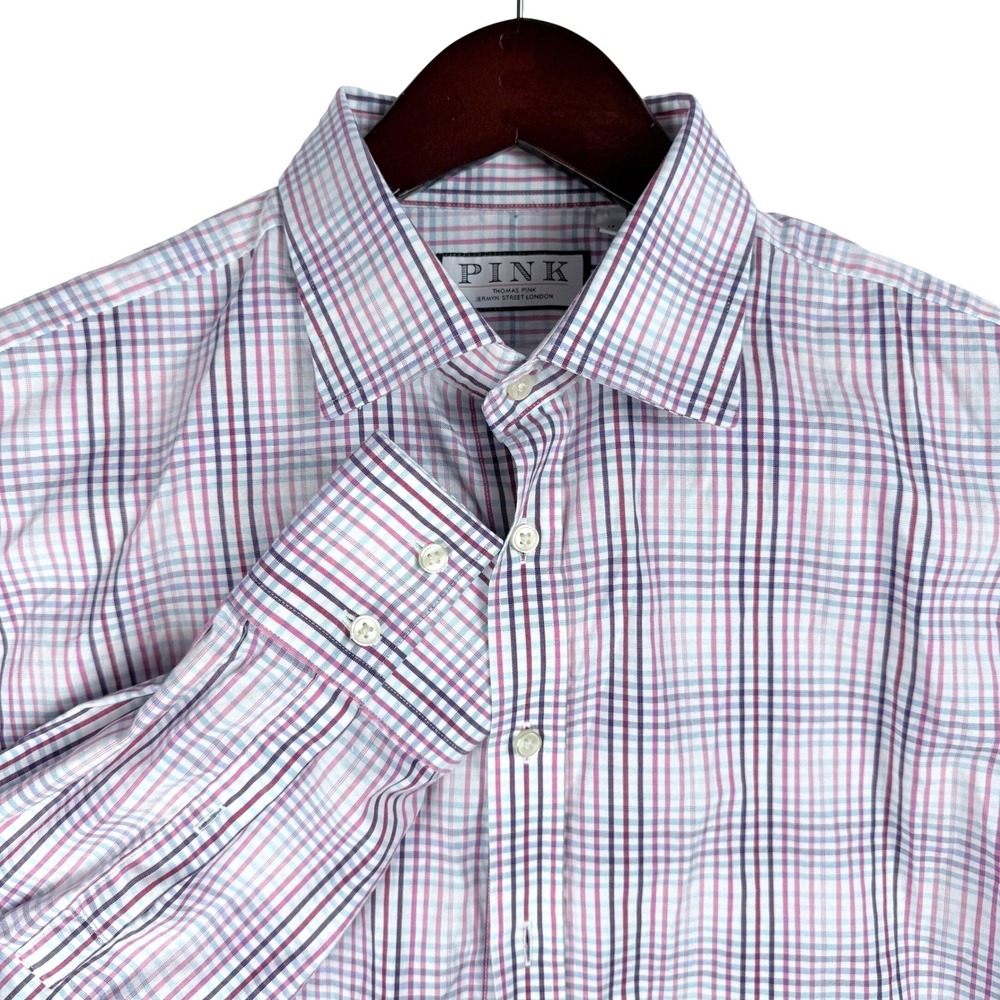 Thomas Pink Slim Fit‎ Check Button Down Shirt Mens 17 43cm Pink Blue Cotton